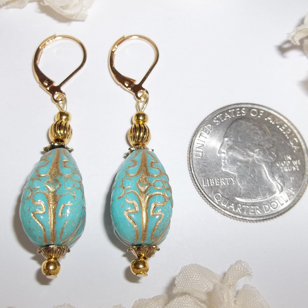Earrings, Turquoise Earrings, Turquoise Blue and Gold Earrings, Earring Set 7768 - Picture 2 of 10